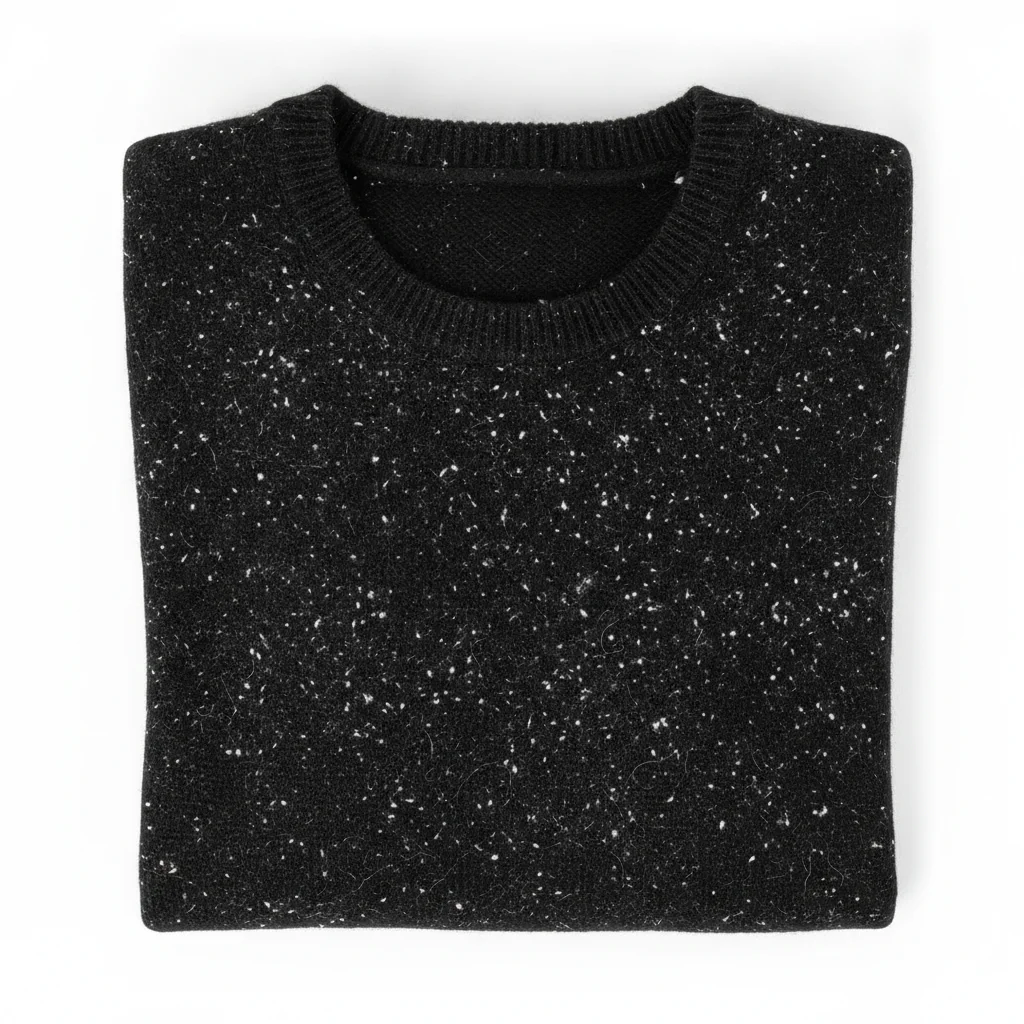 Black wool sweater flat-lay with heavy white lint scattered across the fabric