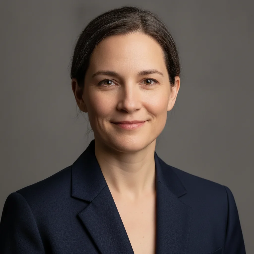 Same portrait with pet hair removed, clean blazer surface, face unchanged
