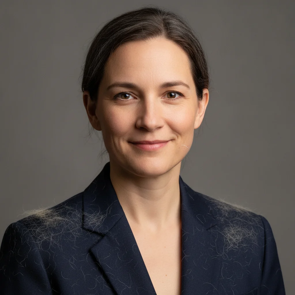 Portrait with visible pet hair on navy blazer shoulders and lapels