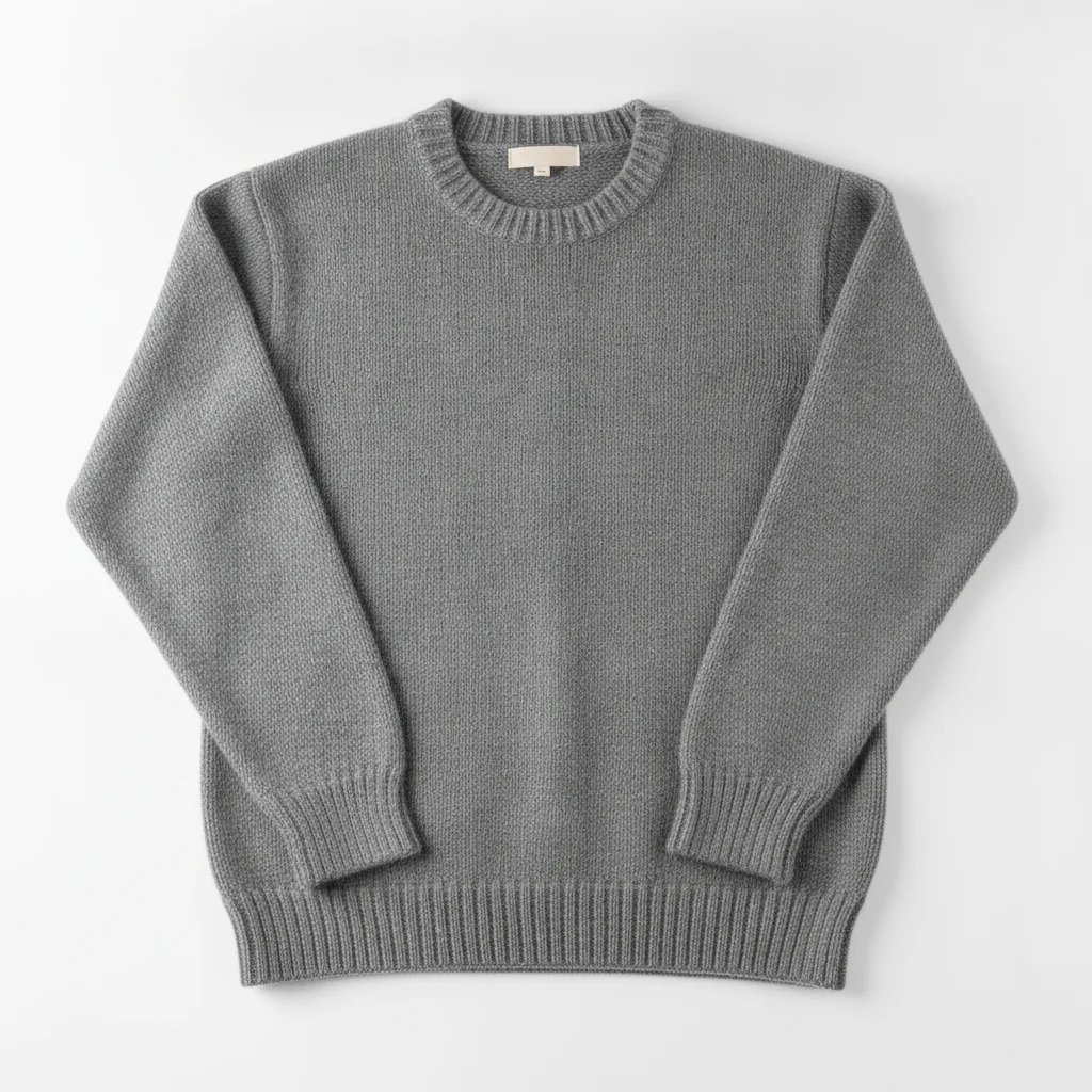 Same grey sweater with pilling removed and clean knit texture visible