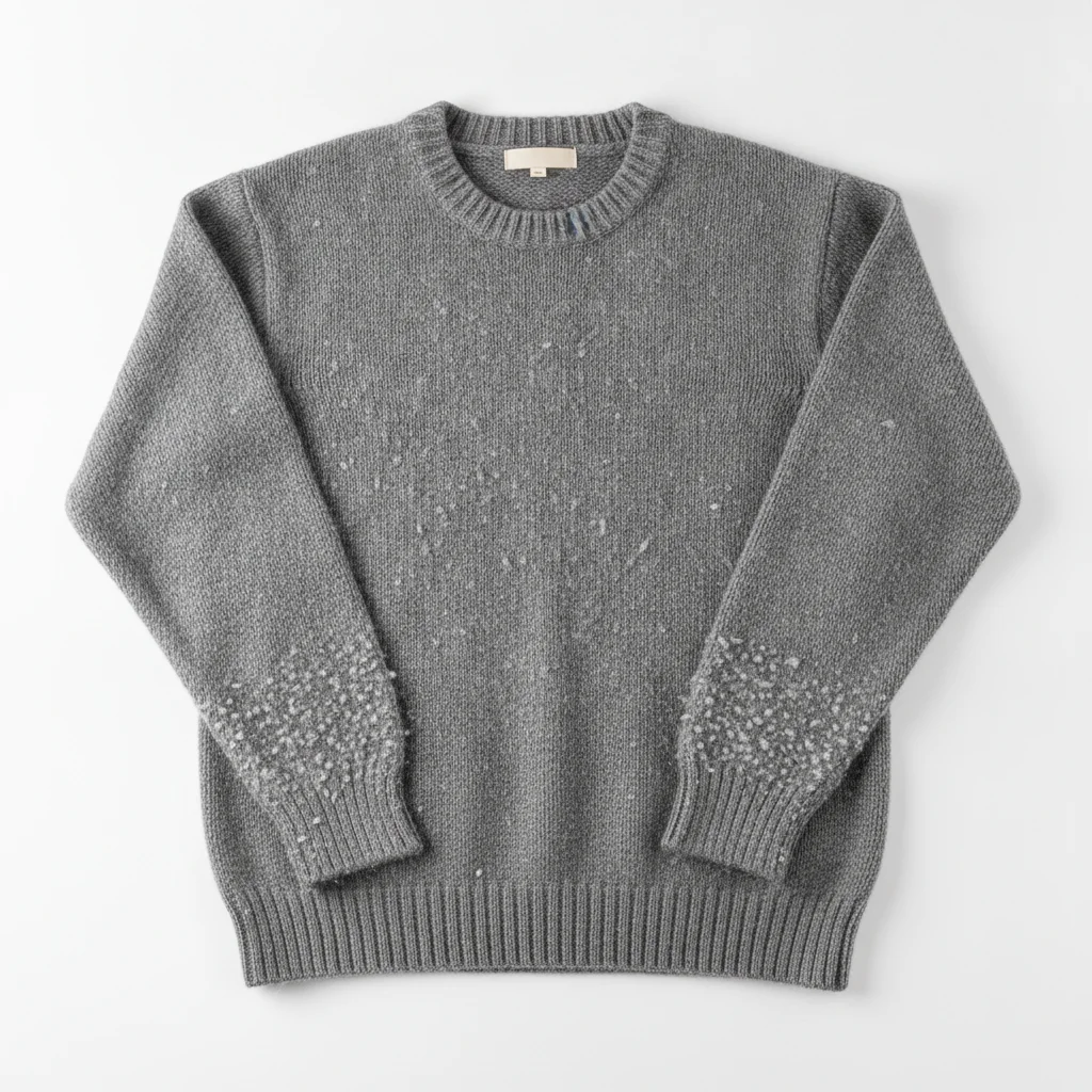 Grey knit sweater with pilling and lint balls across the body and cuffs