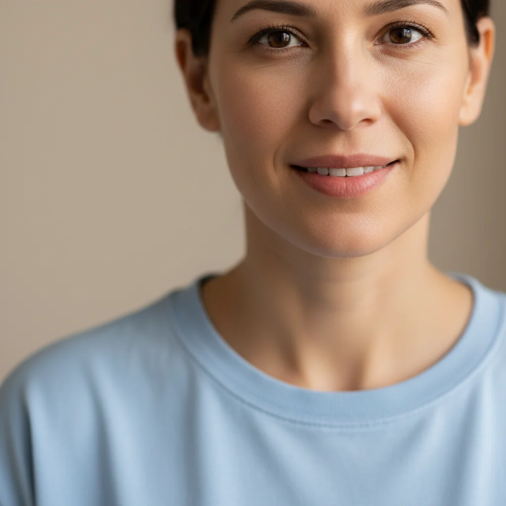 Woman with natural lips in blue top