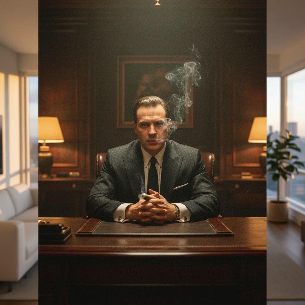 Photo after transform selfie into a cinematic mafia boss portrait with AI