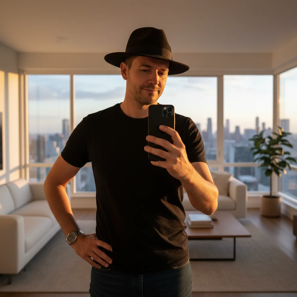 Original photo before transform selfie into a cinematic mafia boss portrait