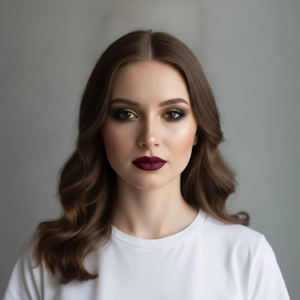 Same woman with full glam makeover: smoky eye, burgundy lip, contoured cheeks, romantic waves