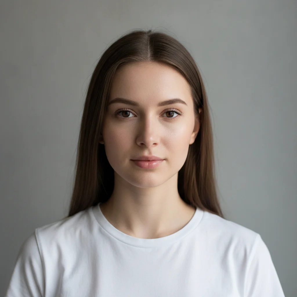 Young woman with minimal natural makeup and straight brown hair