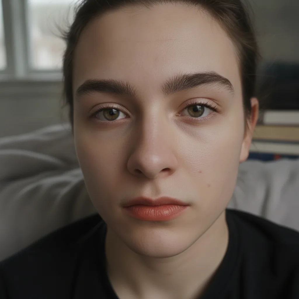 Same person with luminous glass-skin glow, feathery brows, peachy lip — natural but elevated