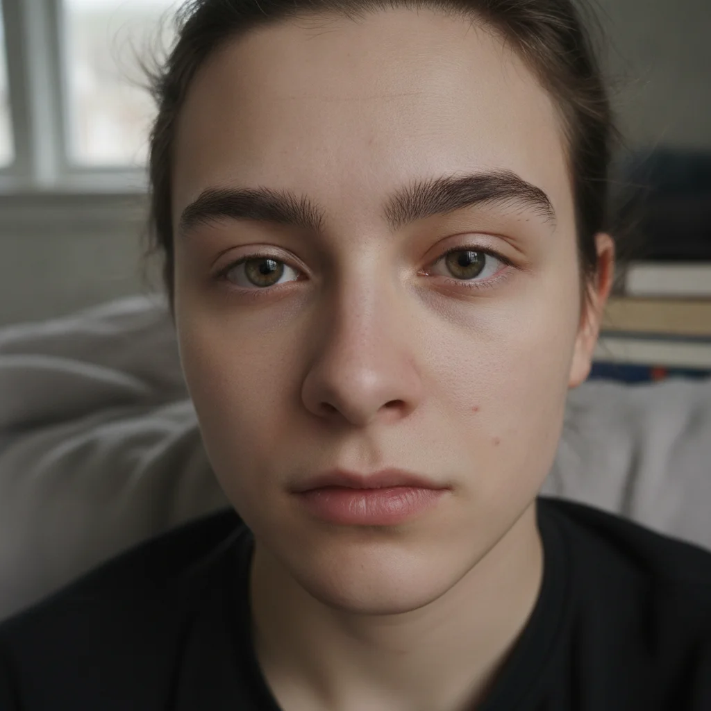 Person with no makeup, natural skin texture visible in flat daylight