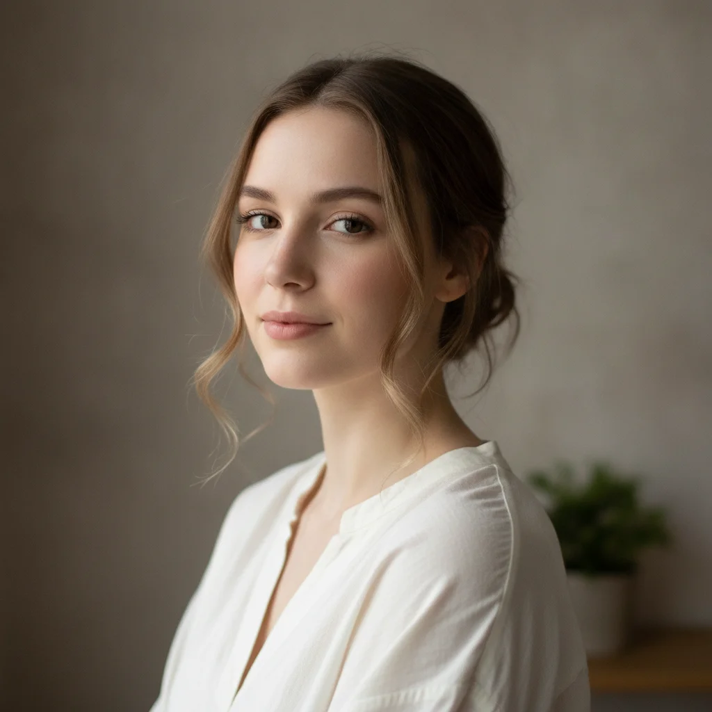 Woman in ivory blouse with minimal natural makeup, soft neutral lighting