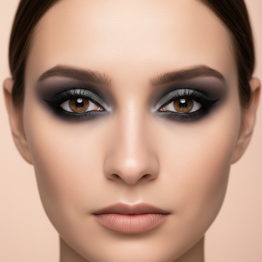 Same woman with glamorous smoky eye and red lip makeup