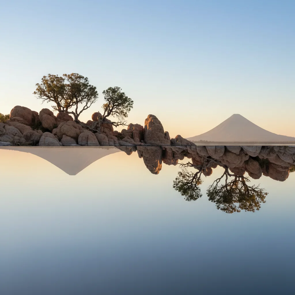 Landscape with horizontal mirror creating water reflection illusion