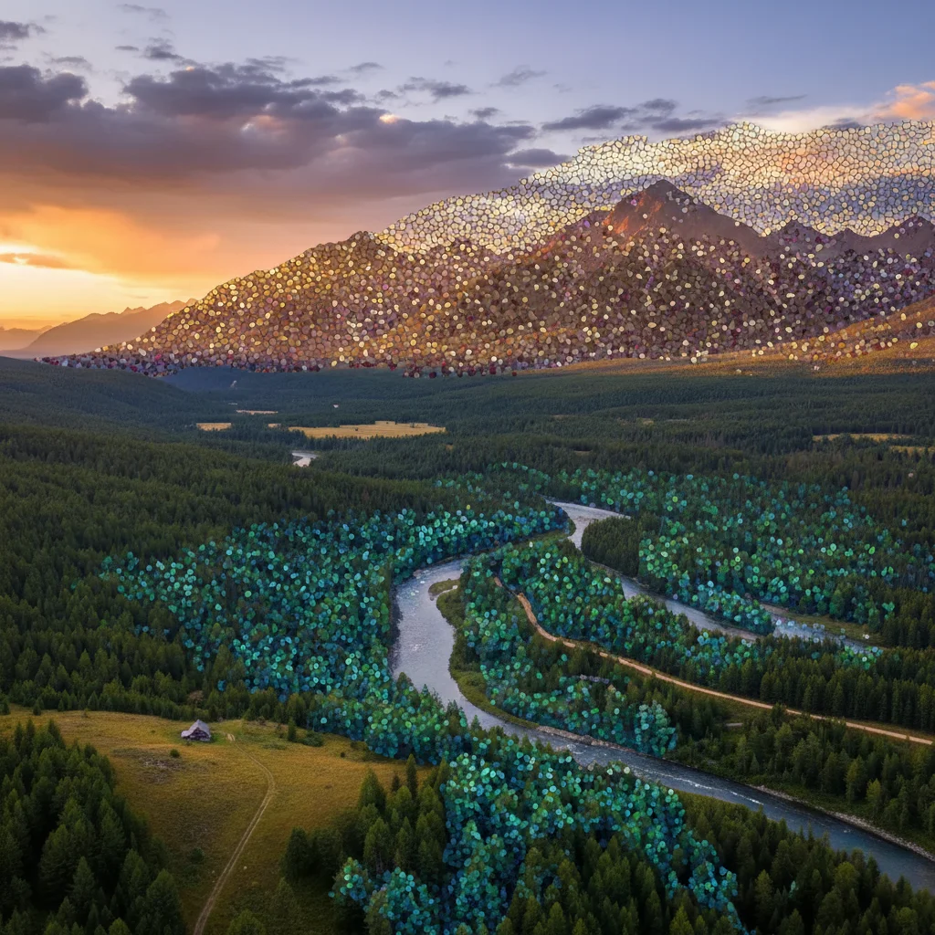 Landscape as Byzantine gold mosaic with jewel-toned glass tiles