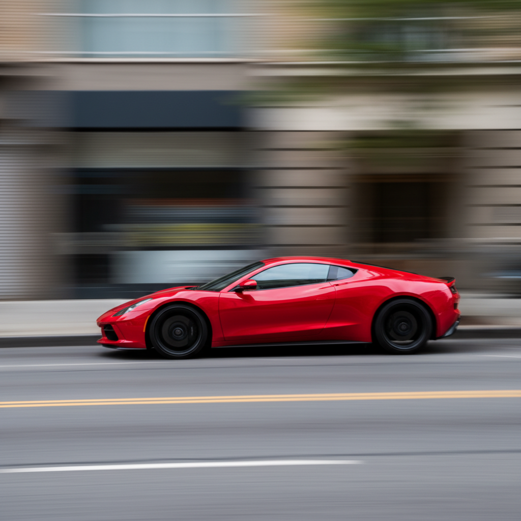 Red sports car with strong horizontal motion blur
