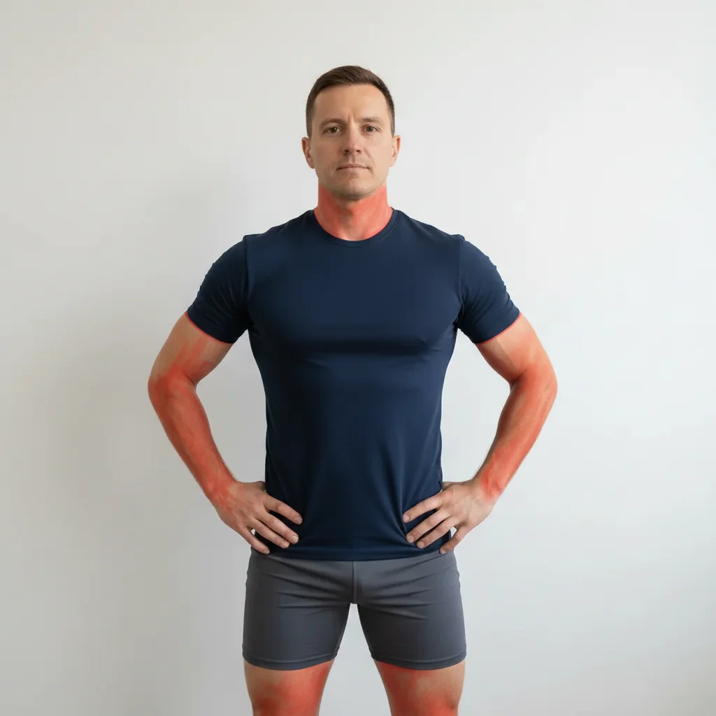 Same man with enhanced athletic muscle tone visible through clothing