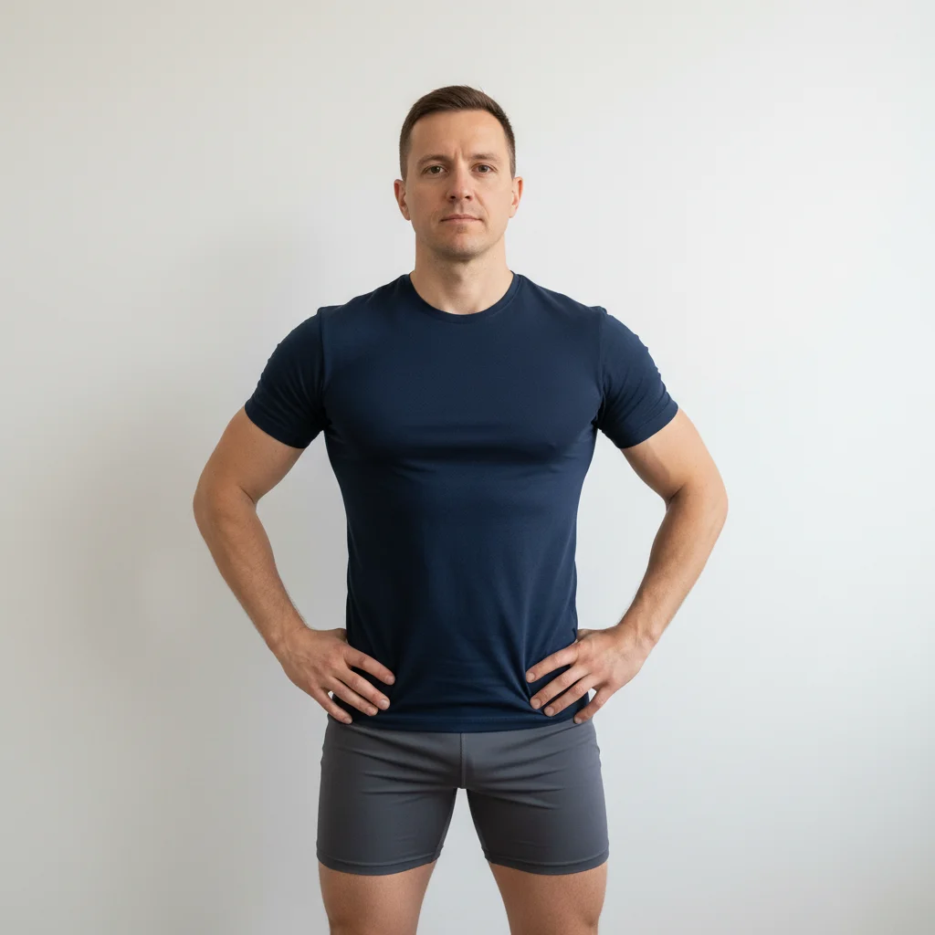 Man in fitted workout clothes with average build