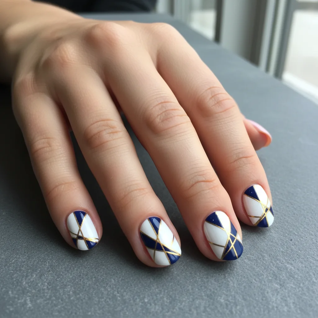 Hand with navy blue and gold geometric nail art pattern