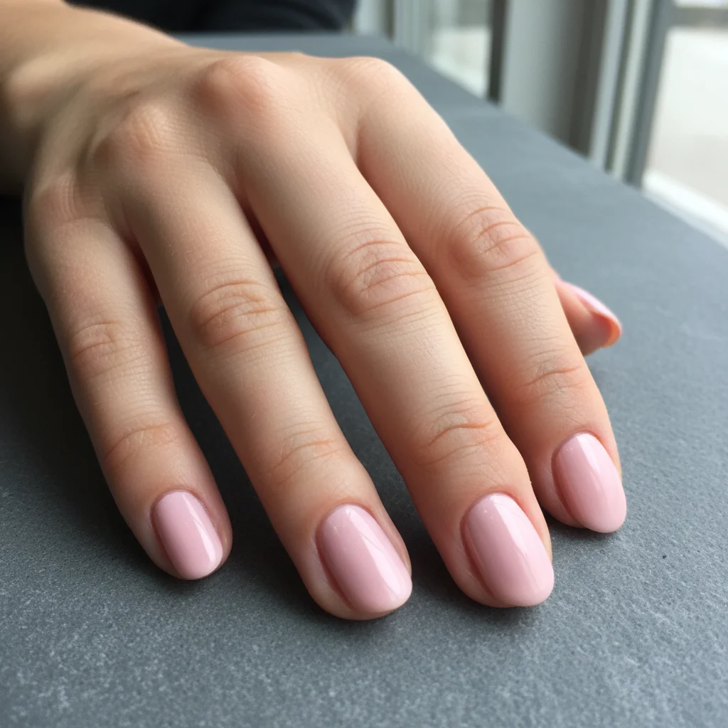 Hand with plain pink nails before geometric design