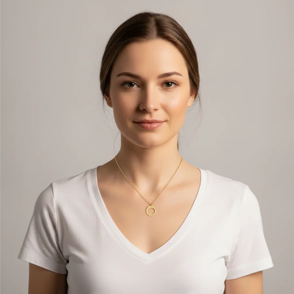 Same model with gold moon pendant necklace placed at collarbone, lighting preserved