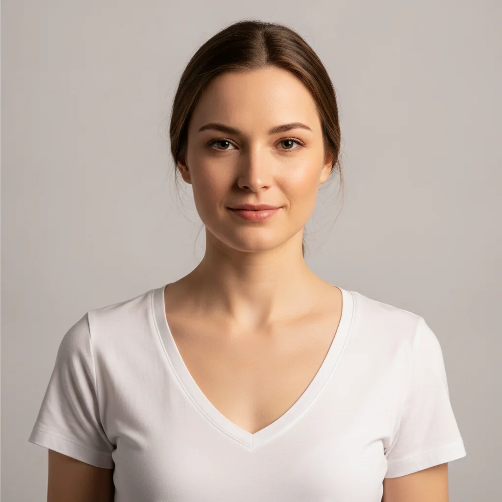 Model in white v-neck with bare neck, warm studio lighting