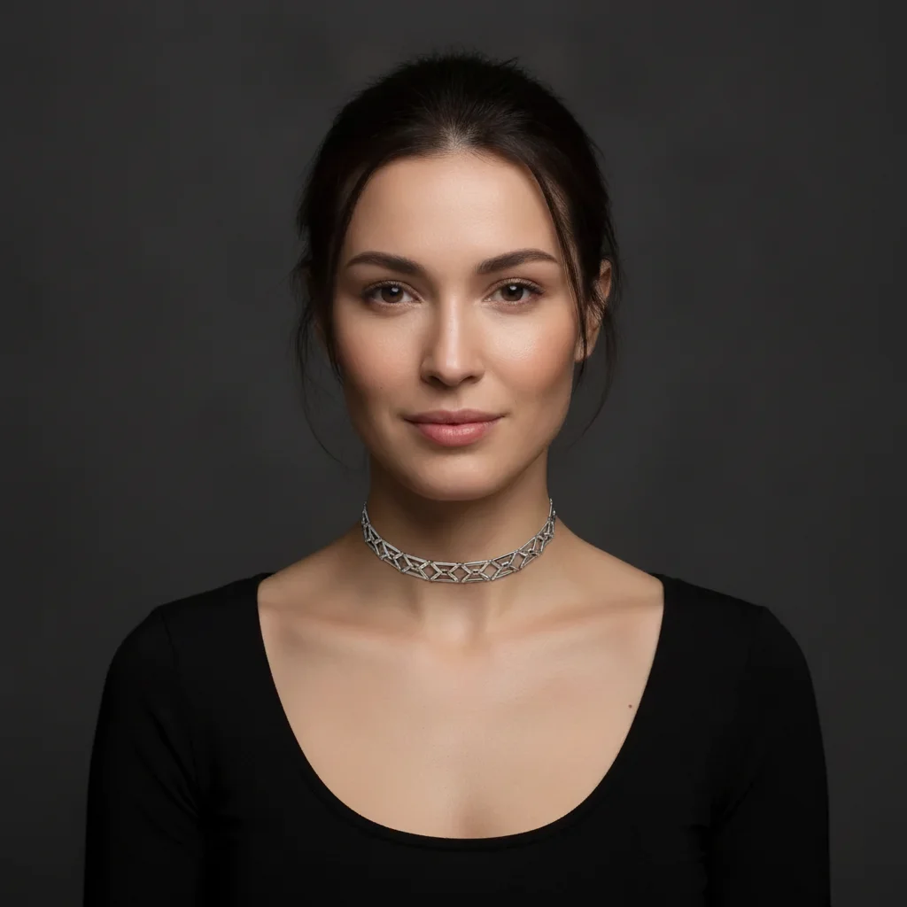 Same model with silver geometric choker at neck, cool highlights matching studio lighting