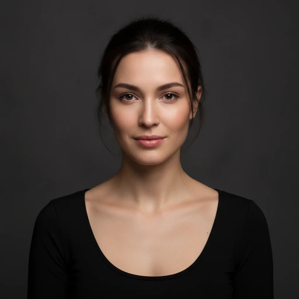 Model in black scoop-neck against dark grey, bare neck, cool studio lighting