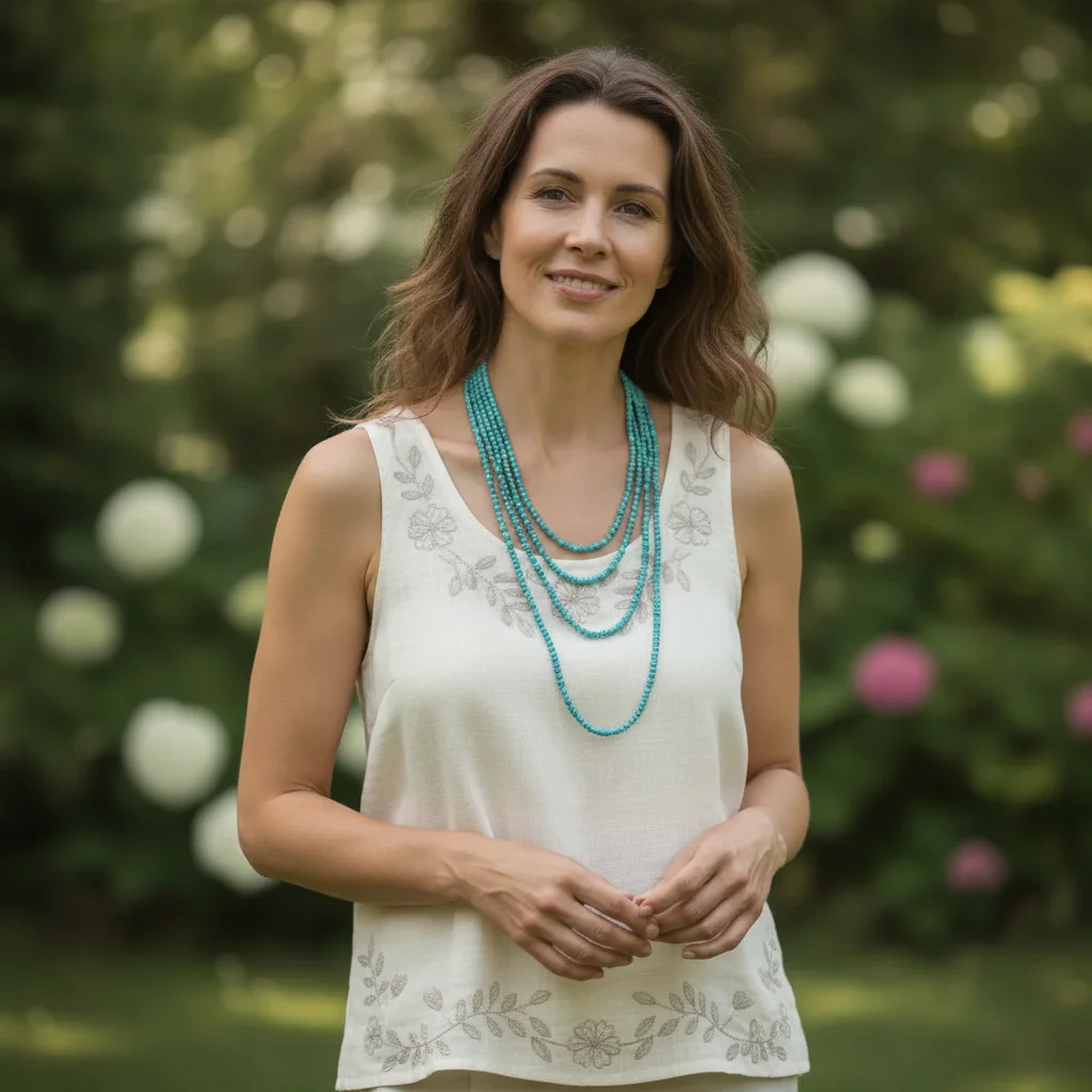 Same model with multi-strand turquoise beaded necklace draped naturally, outdoor light preserved