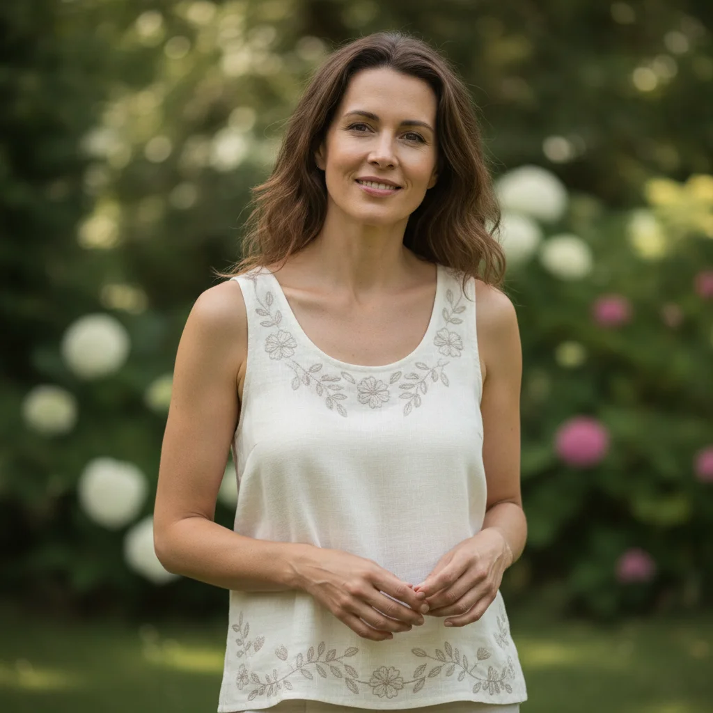 Model in cream linen tank, outdoor daylight, no jewelry on neck or chest