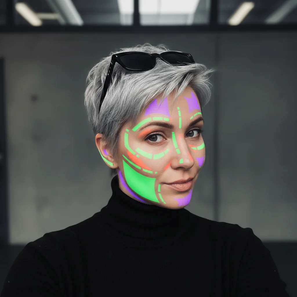 Same woman in cyberpunk style with neon green and purple glow effects