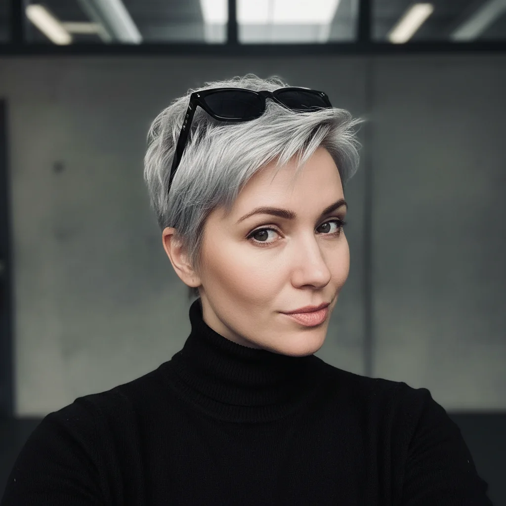 Woman with silver pixie cut and sunglasses in dark turtleneck