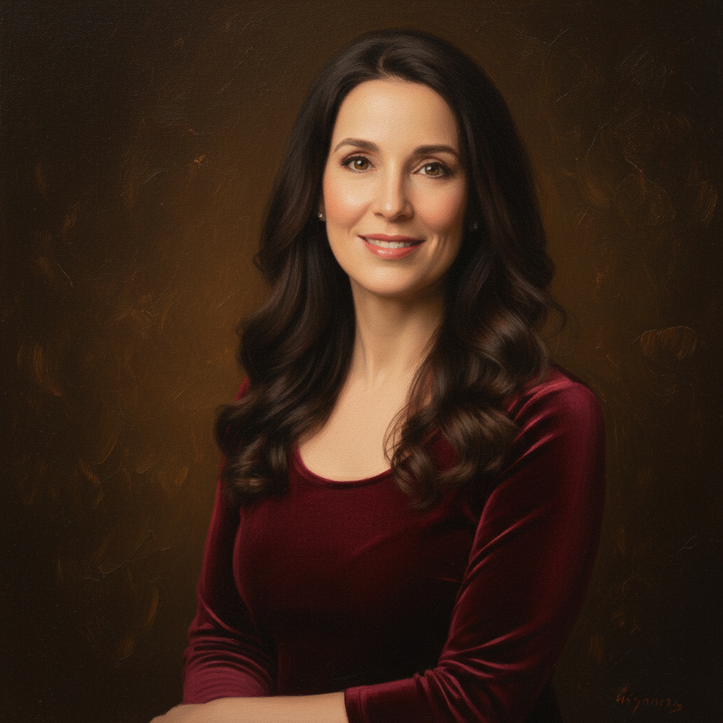 Same portrait converted to classical oil painting with visible brushstrokes and rich colors