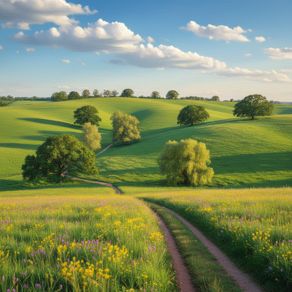 Same landscape converted to Renaissance oil painting with warm tones and classical composition