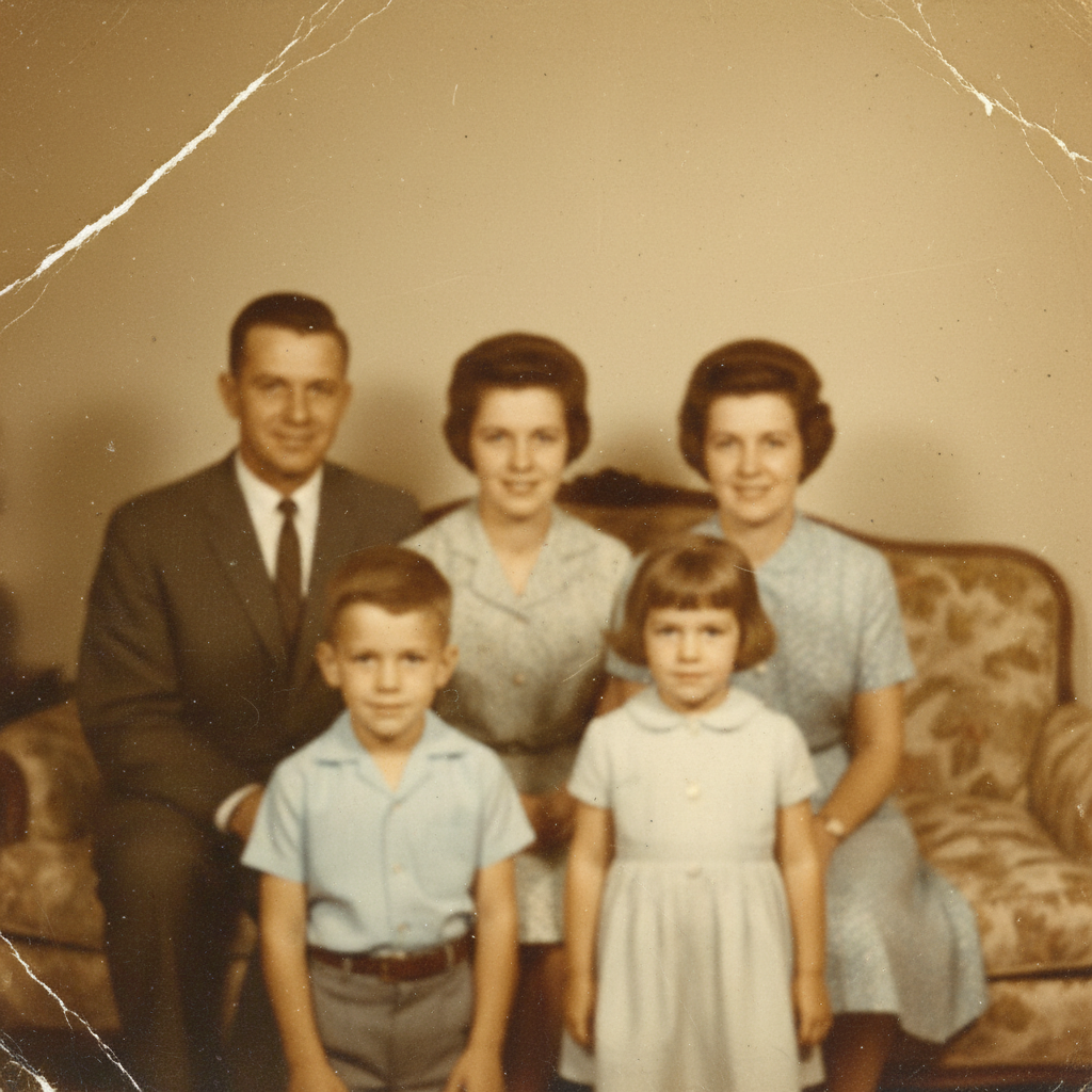 Yellowed 1960s family portrait with diagonal scratch across upper half