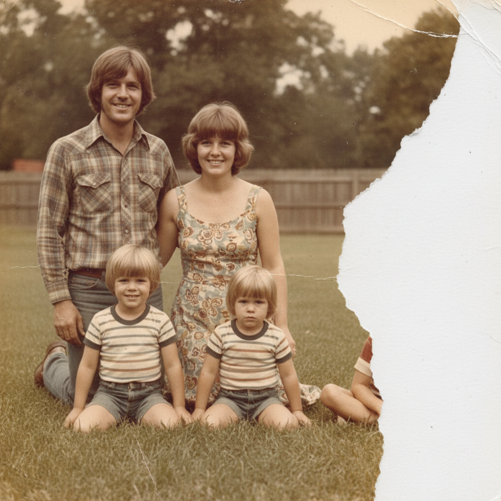 1970s snapshot with torn right edge and color fading