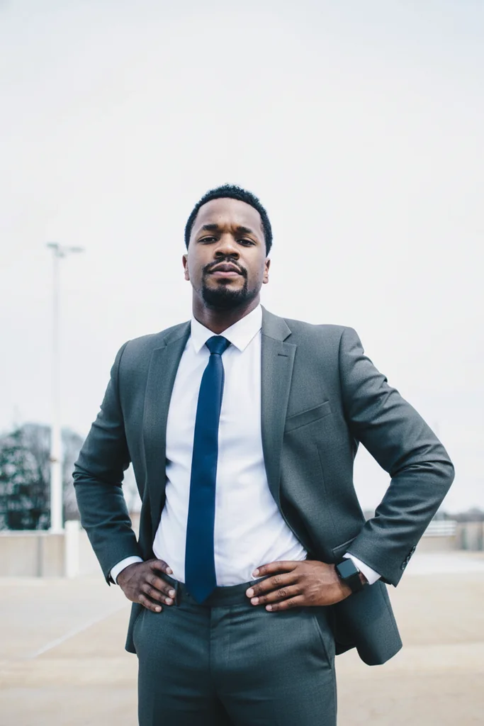 After: t-shirt to business suit - result produced by EditThisPic, scored pass