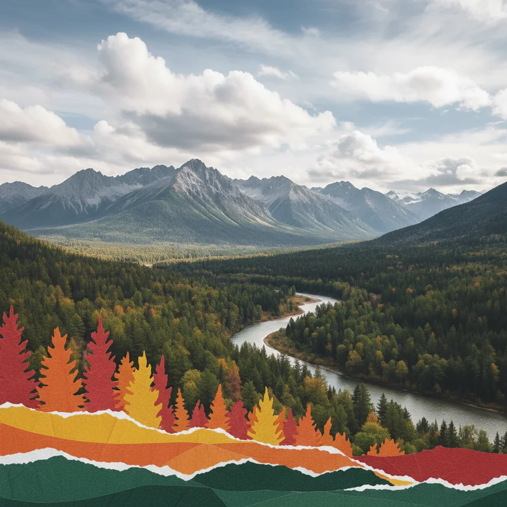 Landscape converted to construction paper collage with vibrant colors