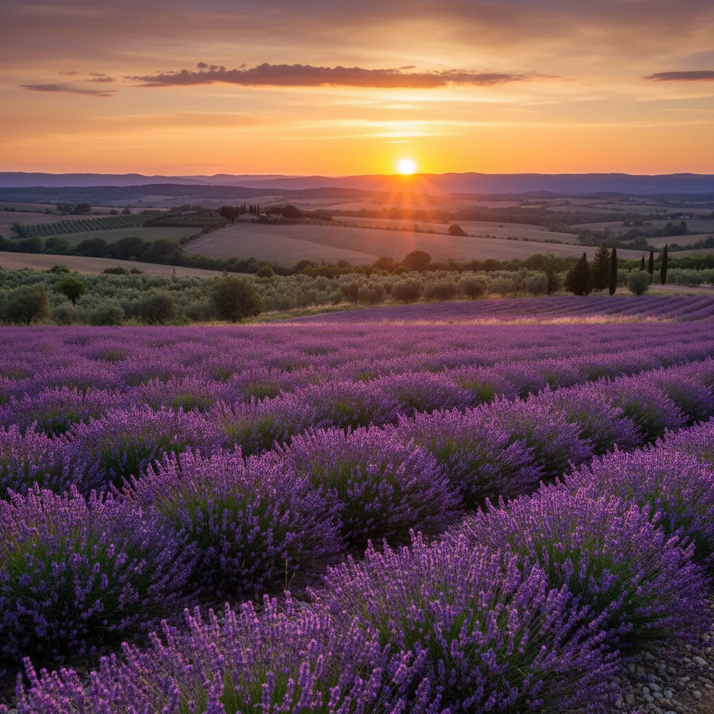Clear photo of lavender fields at sunset
