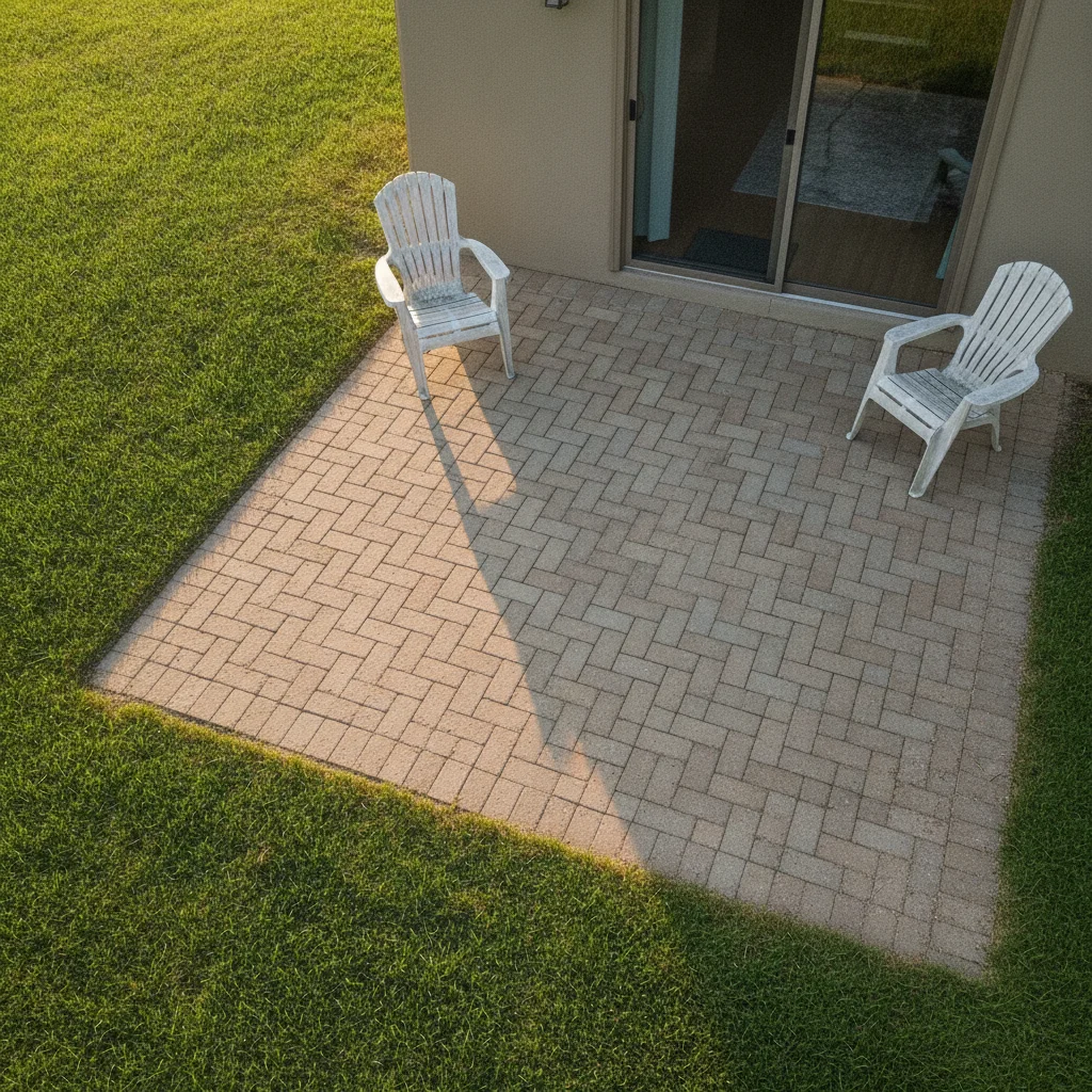 Same space with herringbone tan pavers, sand grout, furniture preserved