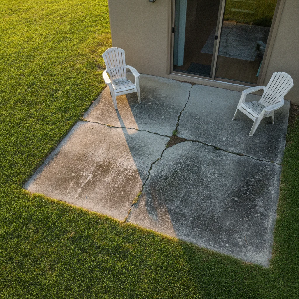 Cracked concrete patio with plastic chairs, sliding glass door, lawn edges