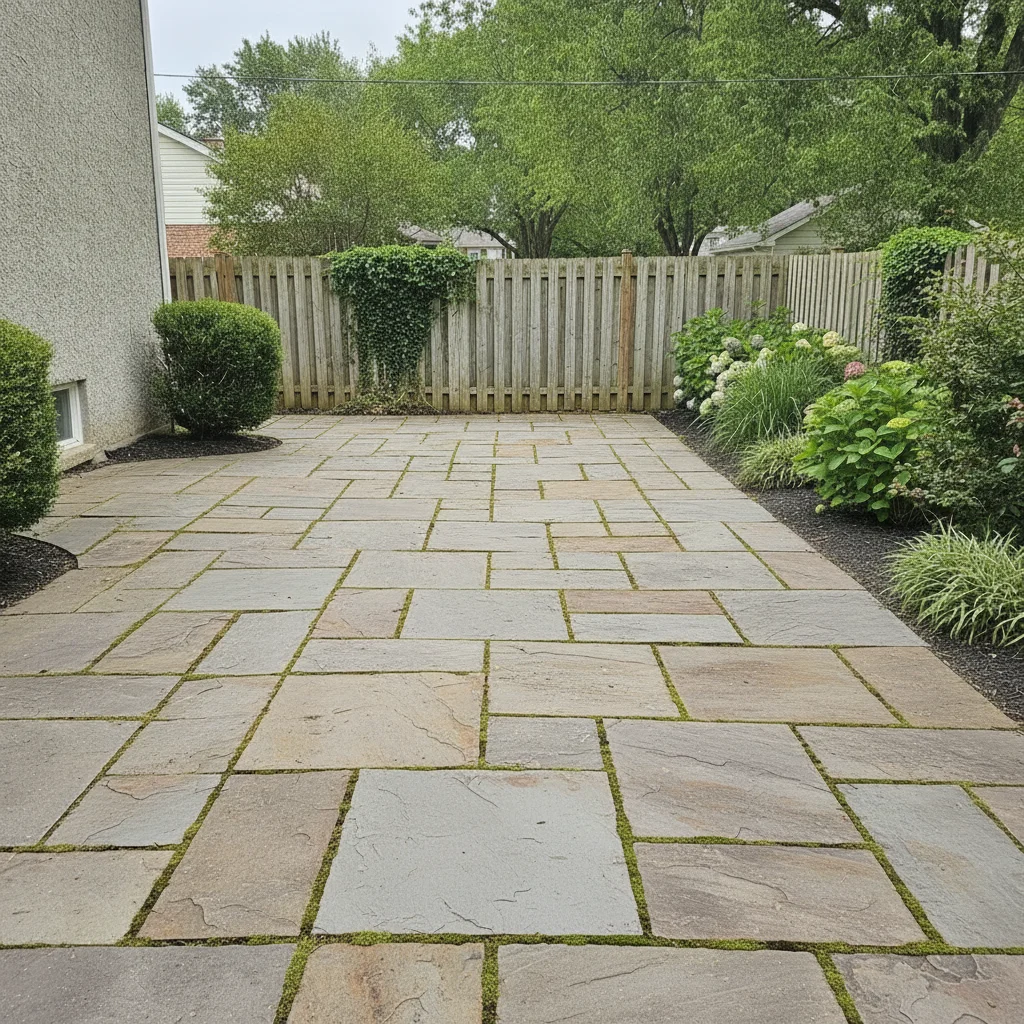 Same lawn area replaced with irregular flagstone, moss grout, garden beds preserved