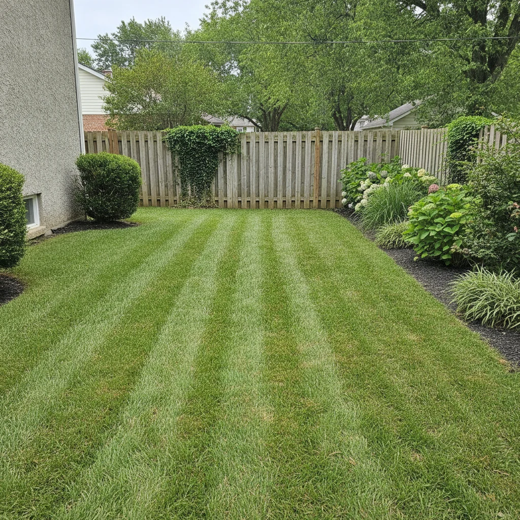 Flat rectangular lawn with garden beds, wooden fence at far end