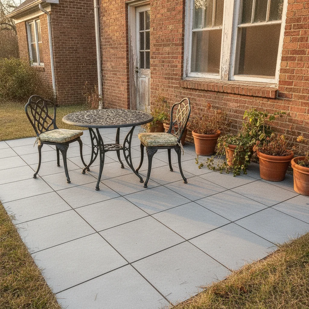 Same space with large-format light gray porcelain tiles, furniture and planters unchanged