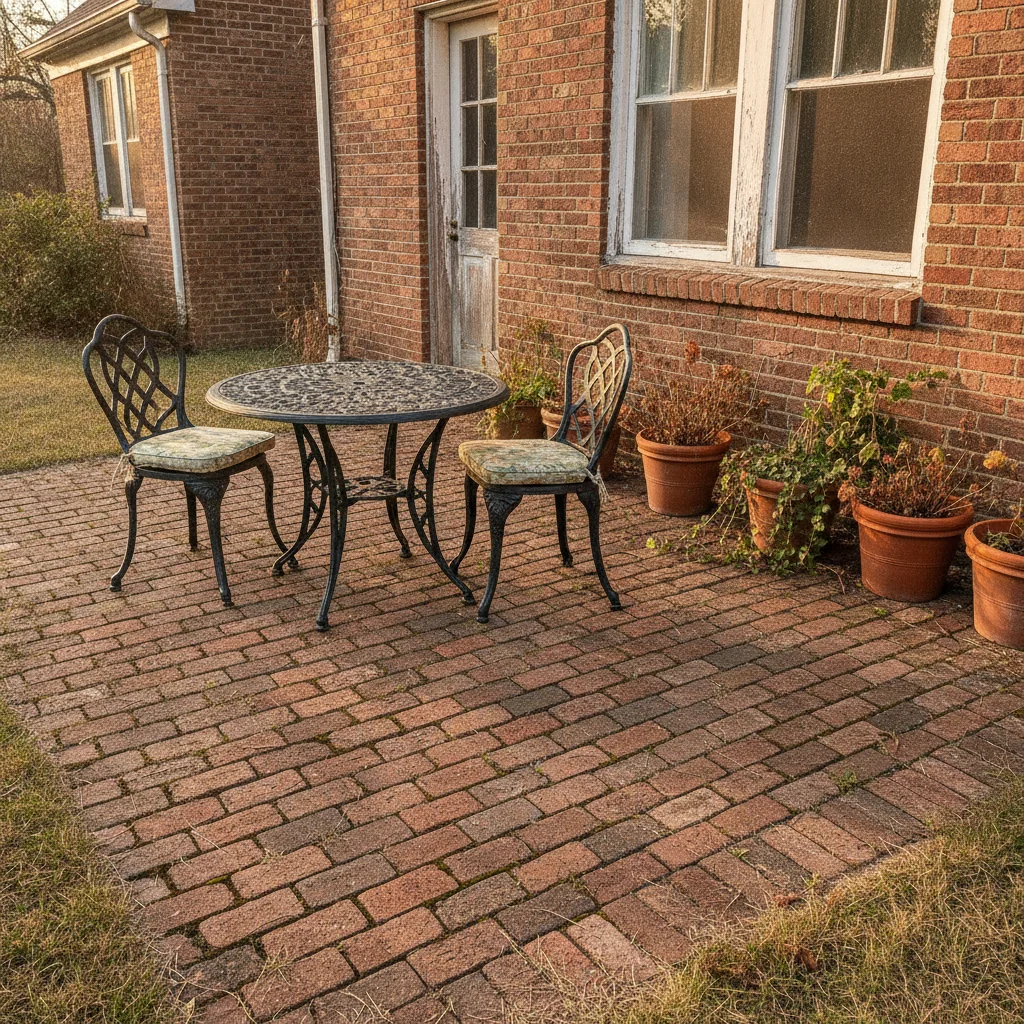 Red brick patio with outdoor table, chairs, terracotta planters, house facade
