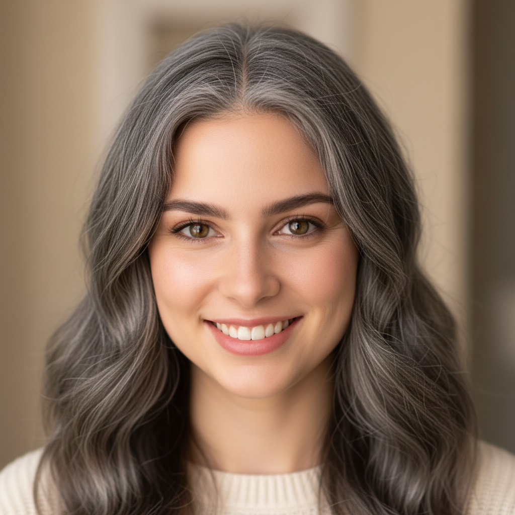 Artistic AI interpretation of the same woman aged approximately 25 years, with silver highlights and deeper facial lines