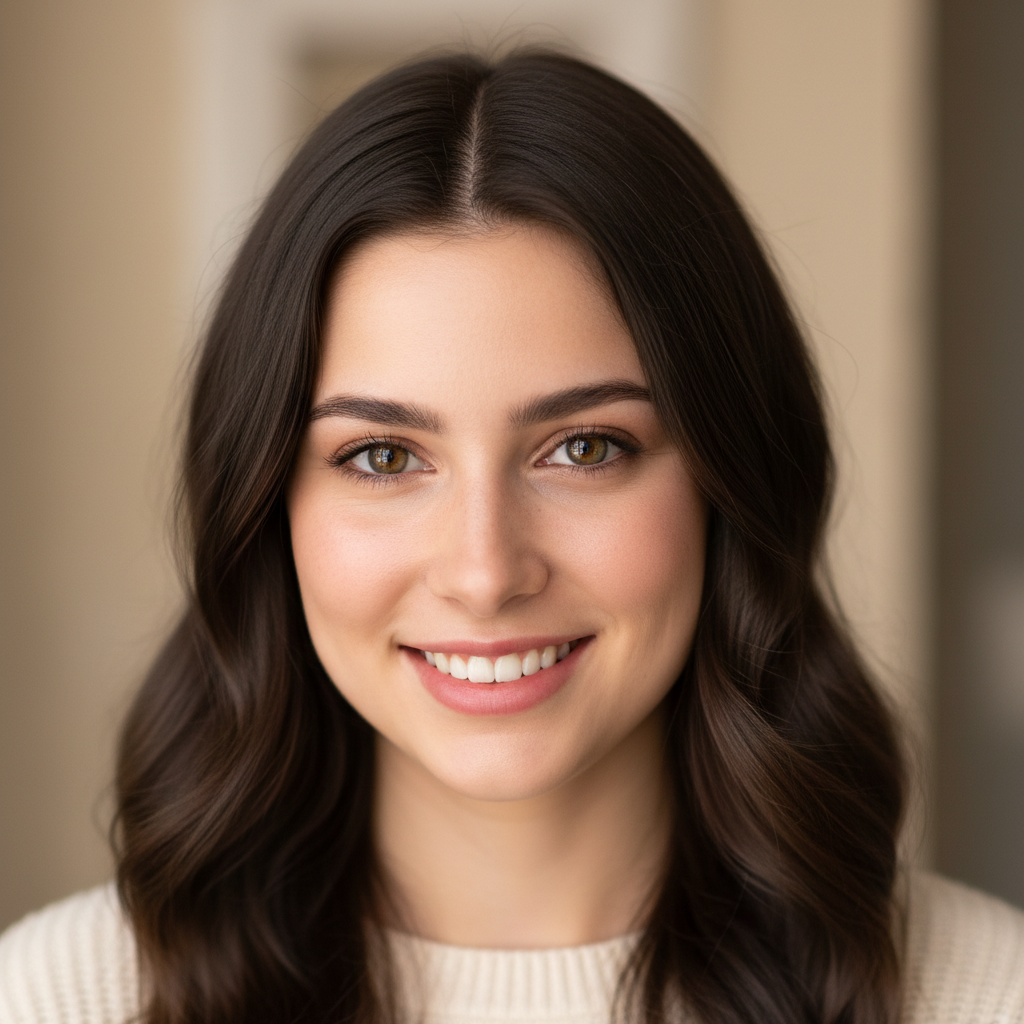 Portrait of a woman in her mid-20s with dark brown hair