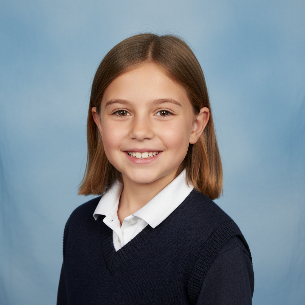 School portrait of a child against light blue background