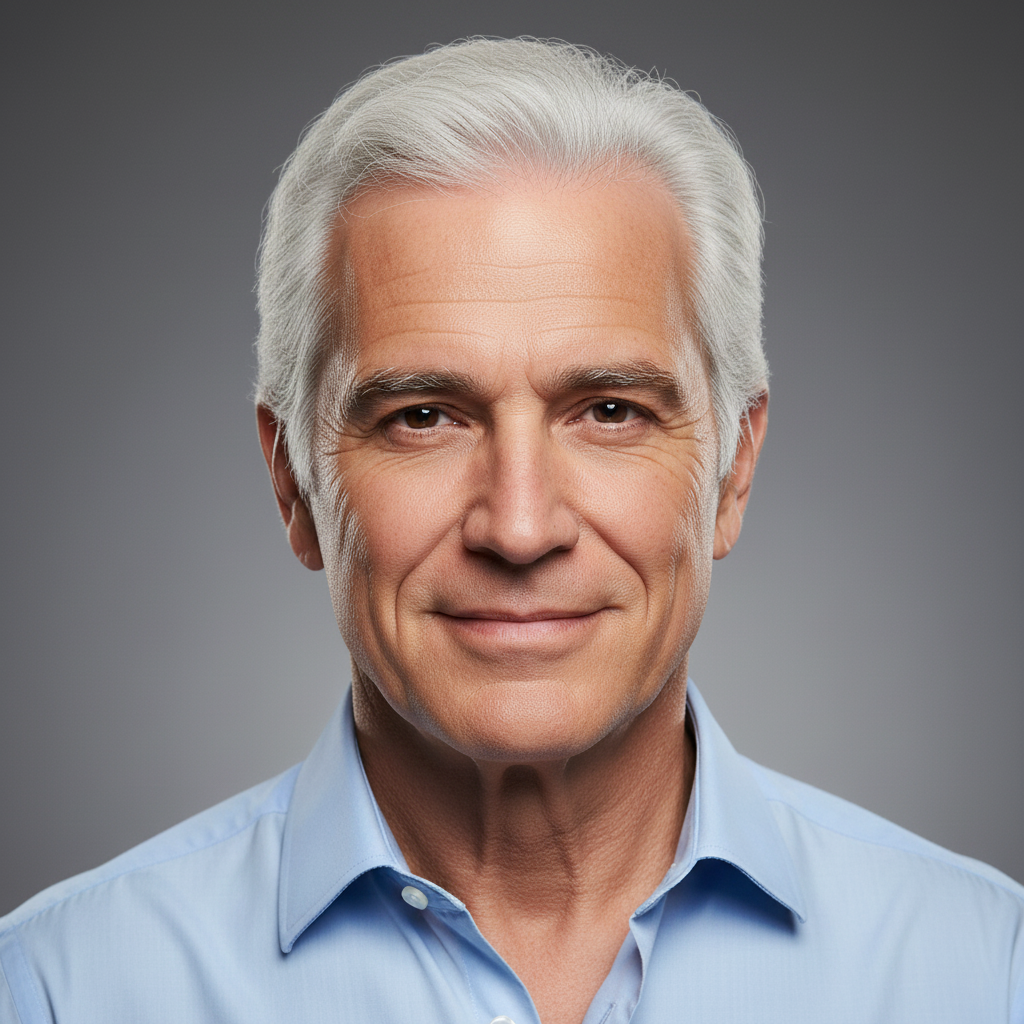Artistic interpretation of the same man aged to his mid-70s with white hair and distinguished lines