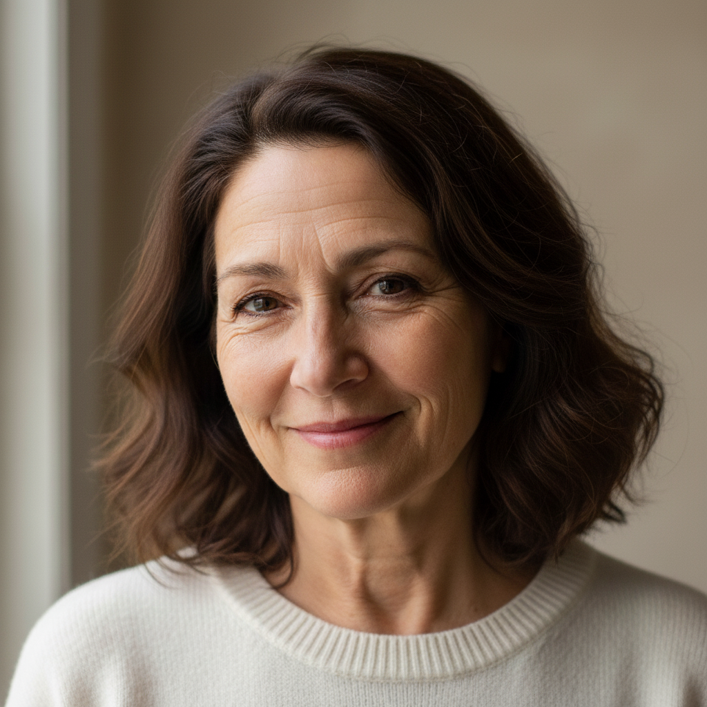 Artistic interpretation of the same woman approximately 20 years younger, with darker hair and softened facial lines