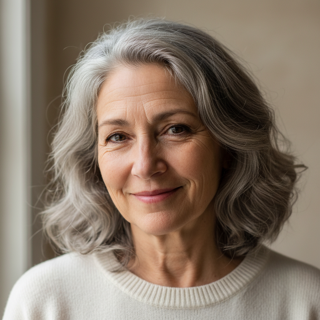 Portrait of a woman in her early 60s with grey hair and natural wrinkles