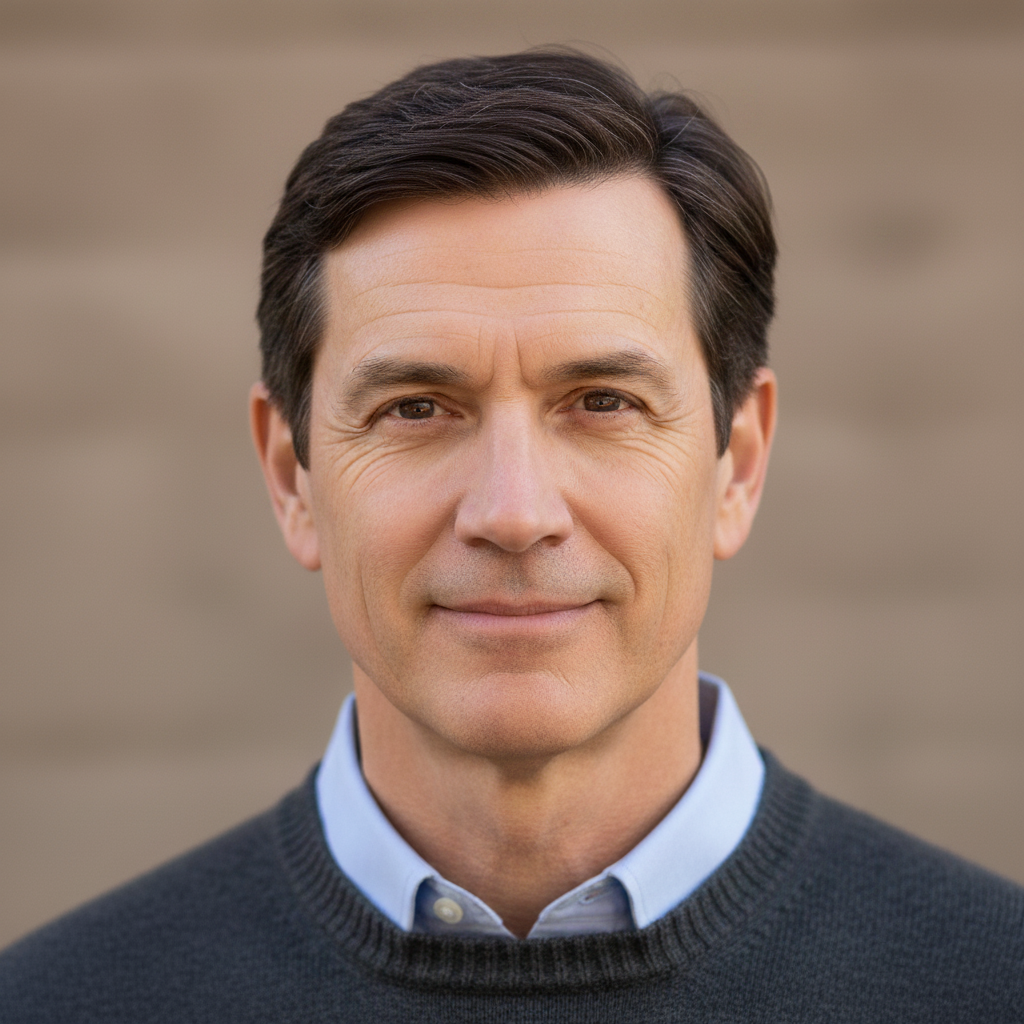 Same man with natural dark brown hair restored, face and other features unchanged