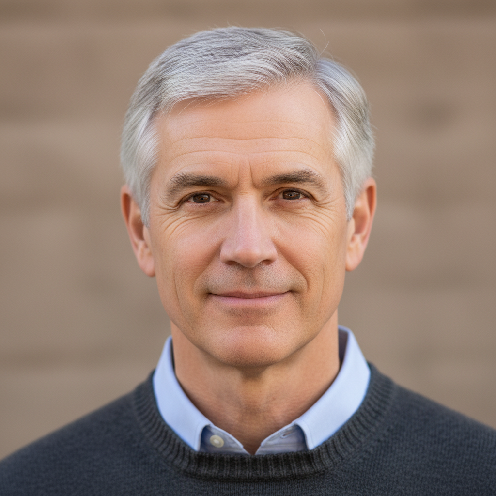 Portrait of a man in his mid-50s with completely grey hair